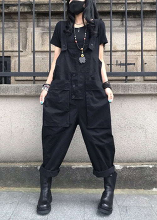 French Black Patchwork Button Solid Jumpsuit Summer TY1055 - fabuloryshop