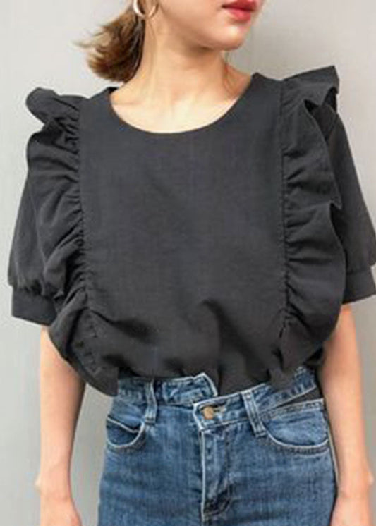 French Black Patchwork Ruffles Cotton Blouse Top Lantern Sleeve LY2178 - fabuloryshop