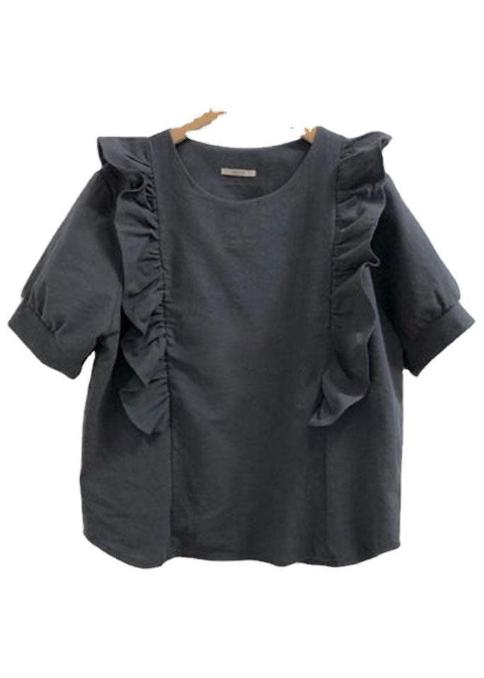 French Black Patchwork Ruffles Cotton Blouse Top Lantern Sleeve LY2178 - fabuloryshop