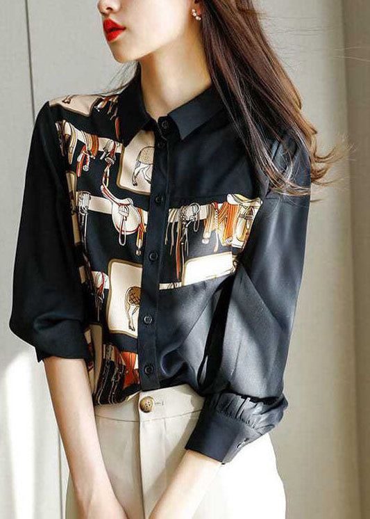 French Black Peter Pan Collar Print Chiffon Shirt Tops Spring LY0400 - fabuloryshop