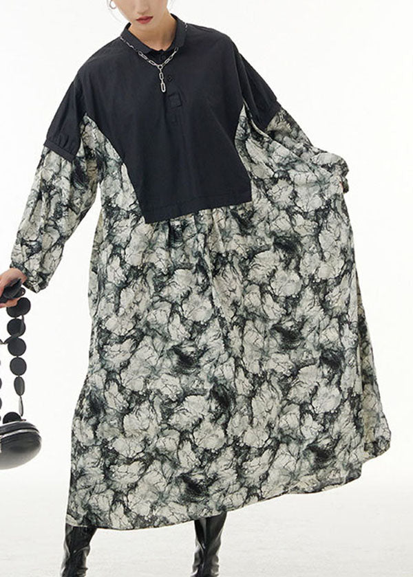 French Black Peter Pan Collar Print Patchwork Cotton Shirts Dress Spring LY1172 - fabuloryshop