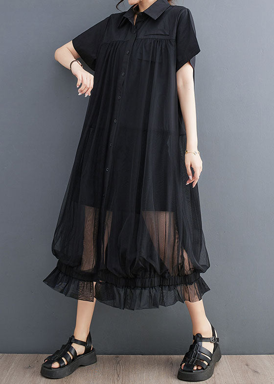 French Black Peter Pan Collar Wrinkled Patchwork Tulle Shirts Dress Summer LY3951 - fabuloryshop