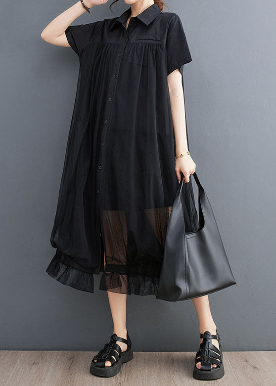 French Black Peter Pan Collar Wrinkled Patchwork Tulle Shirts Dress Summer LY3951 - fabuloryshop