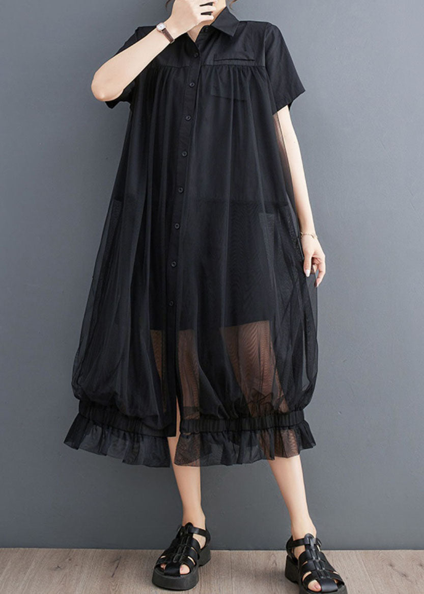 French Black Peter Pan Collar Wrinkled Patchwork Tulle Shirts Dress Summer LY3951 - fabuloryshop