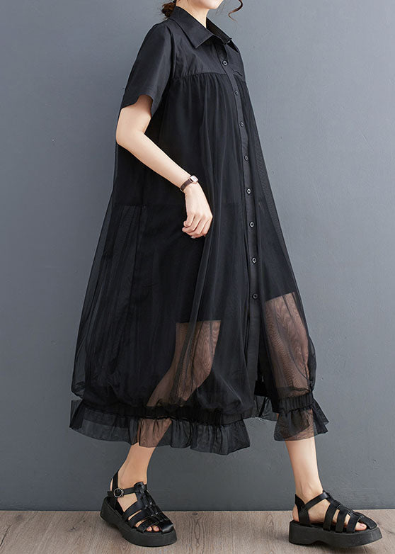 French Black Peter Pan Collar Wrinkled Patchwork Tulle Shirts Dress Summer LY3951 - fabuloryshop