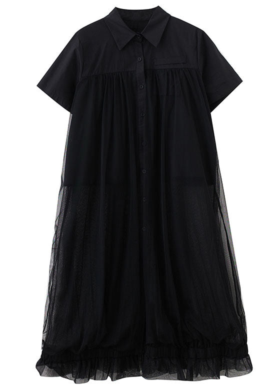 French Black Peter Pan Collar Wrinkled Patchwork Tulle Shirts Dress Summer LY3951 - fabuloryshop