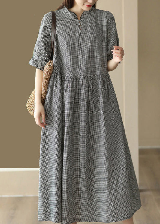 French Black Plaid Stand Collar Linen Long Dress Short Sleeve LY6905 - fabuloryshop