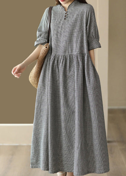 French Black Plaid Stand Collar Linen Long Dress Short Sleeve LY6905 - fabuloryshop