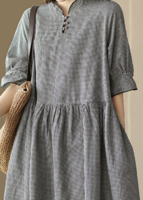 French Black Plaid Stand Collar Linen Long Dress Short Sleeve LY6905 - fabuloryshop