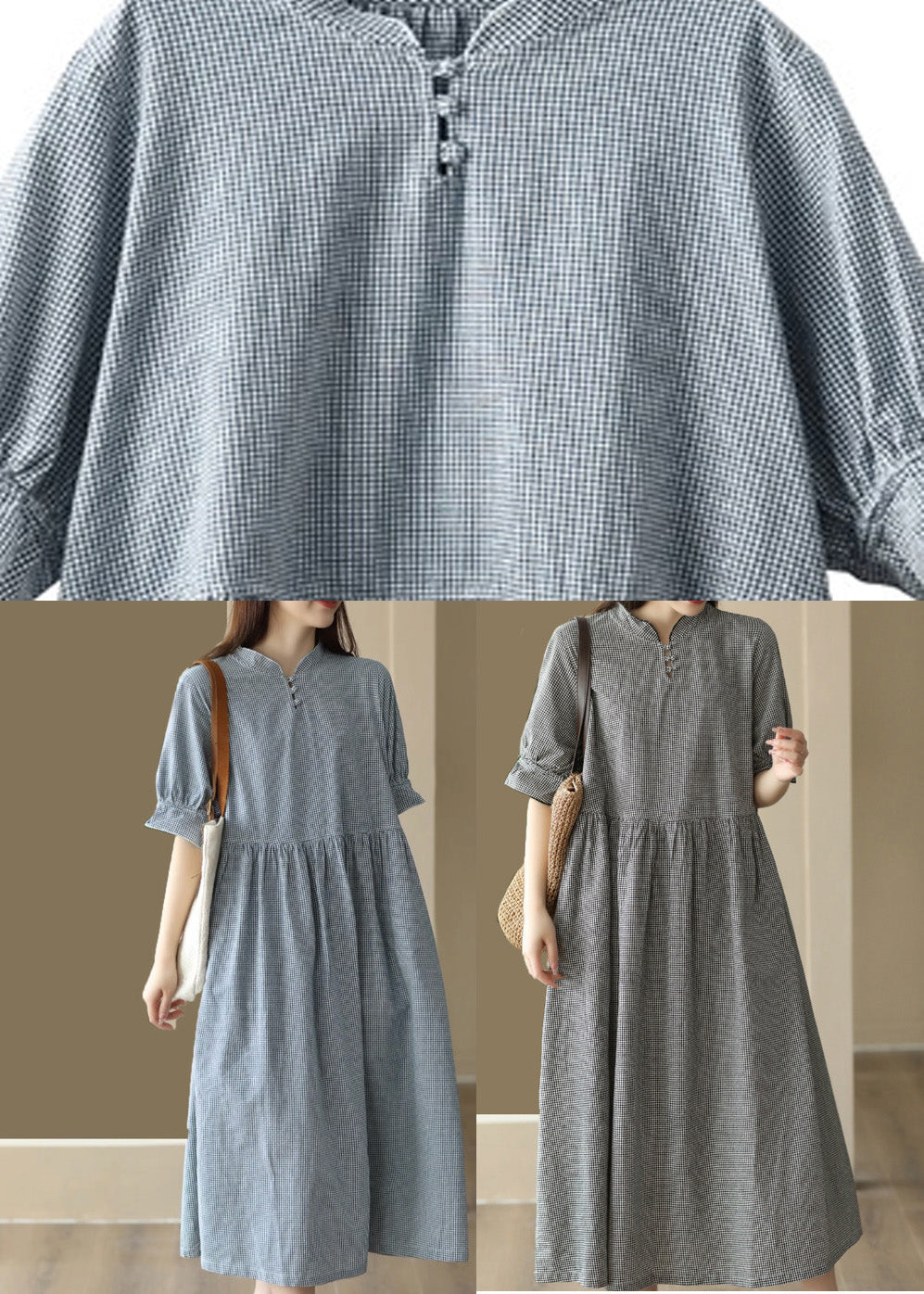 French Black Plaid Stand Collar Linen Long Dress Short Sleeve LY6905 - fabuloryshop