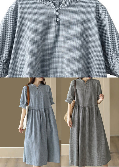 French Black Plaid Stand Collar Linen Long Dress Short Sleeve LY6905 - fabuloryshop