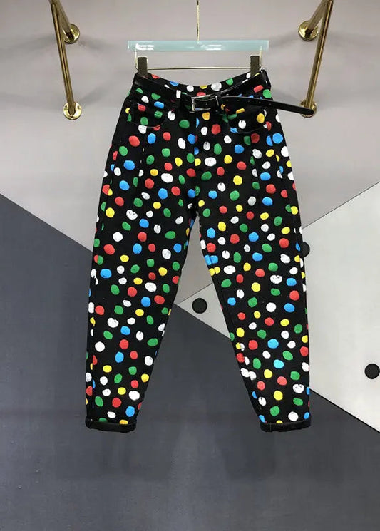 French Black Pockets Multi Dot Print Patchwork Denim Pants Fall Ada Fashion