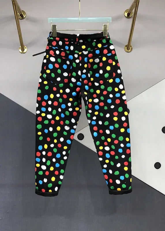 French Black Pockets Multi Dot Print Patchwork Denim Pants Fall Ada Fashion