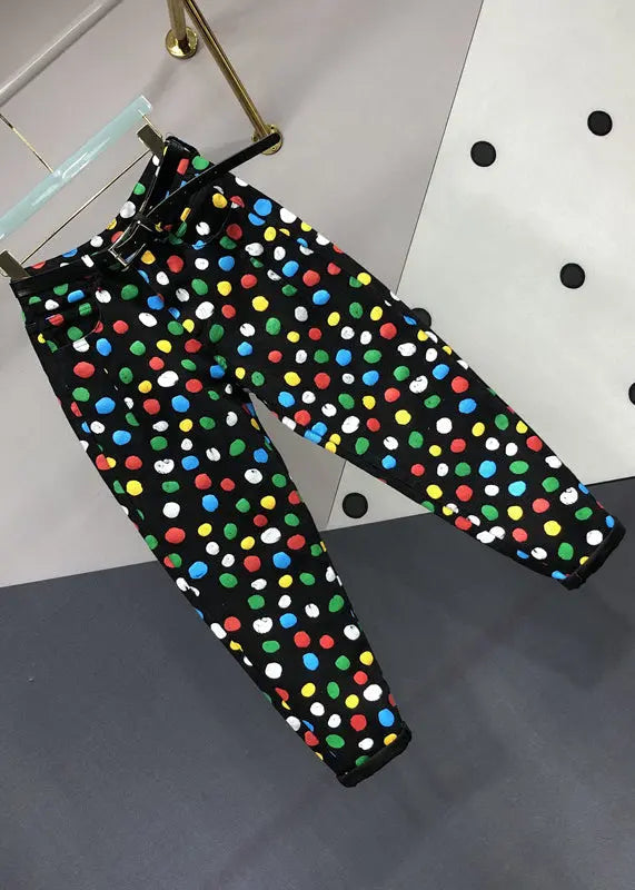 French Black Pockets Multi Dot Print Patchwork Denim Pants Fall Ada Fashion