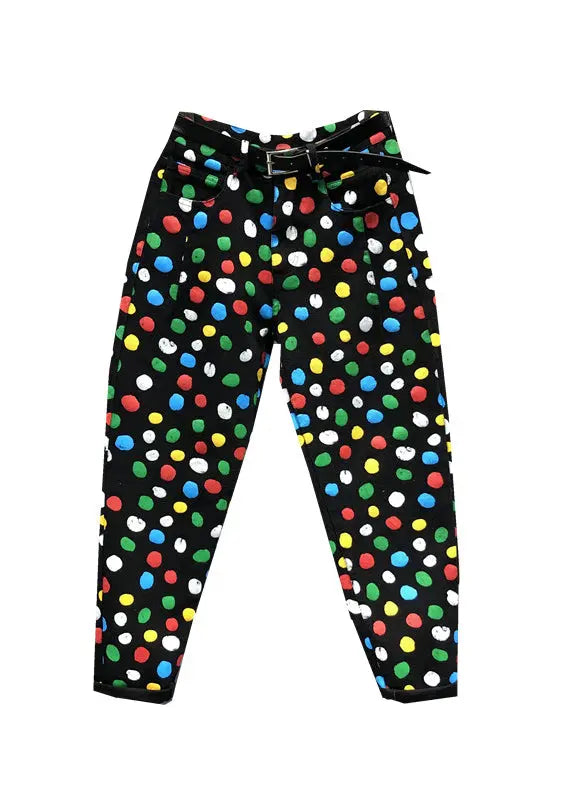 French Black Pockets Multi Dot Print Patchwork Denim Pants Fall Ada Fashion