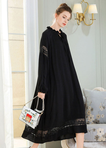 French Black Ruffled Lace Patchwork Cotton Maxi Dress Spring LY0246 - fabuloryshop