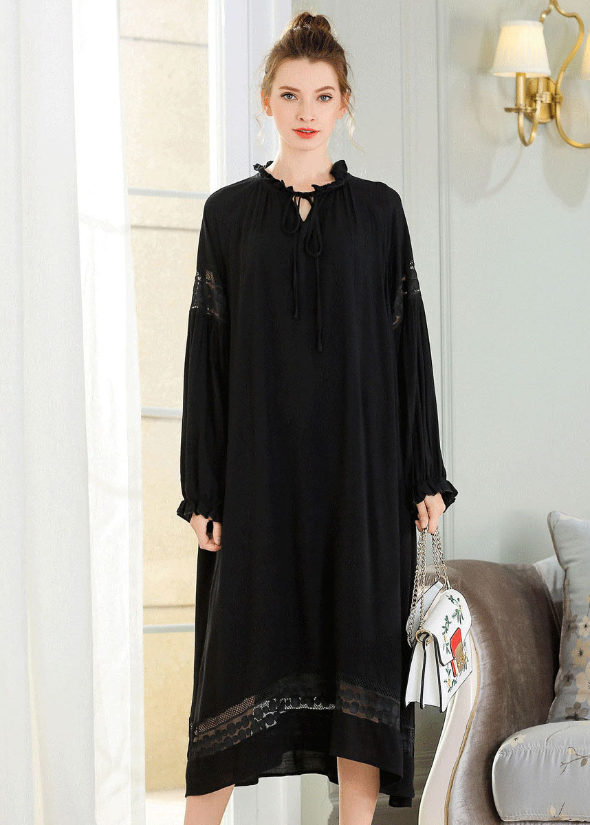 French Black Ruffled Lace Patchwork Cotton Maxi Dress Spring LY0246 - fabuloryshop