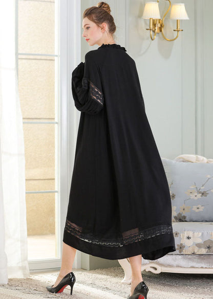 French Black Ruffled Lace Patchwork Cotton Maxi Dress Spring LY0246 - fabuloryshop