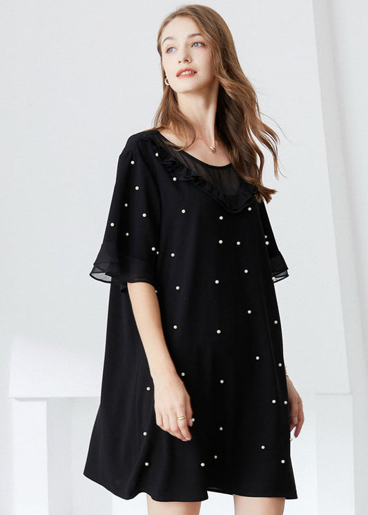 French Black Ruffled Nail Bead Chiffon Dresses Butterfly Sleeve LY0325 - fabuloryshop