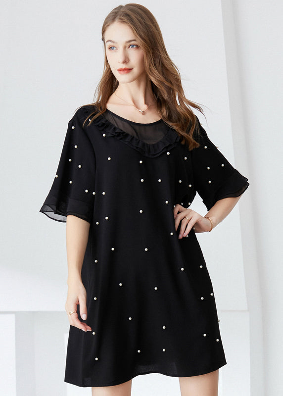 French Black Ruffled Nail Bead Chiffon Dresses Butterfly Sleeve LY0325 - fabuloryshop