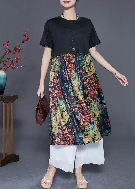 French Black Ruffled Patchwork Print Silk Dress Summer LY5538 - fabuloryshop