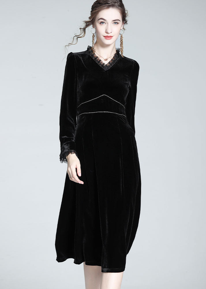 French Black Ruffled Patchwork Zircon Silk Velour Dress Spring LY1057 - fabuloryshop