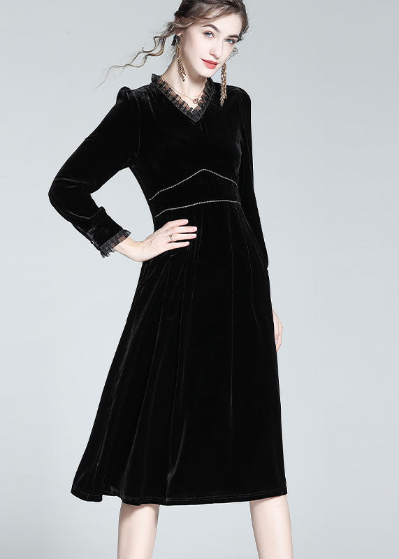 French Black Ruffled Patchwork Zircon Silk Velour Dress Spring LY1057 - fabuloryshop