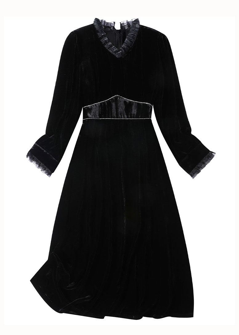 French Black Ruffled Patchwork Zircon Silk Velour Dress Spring LY1057 - fabuloryshop