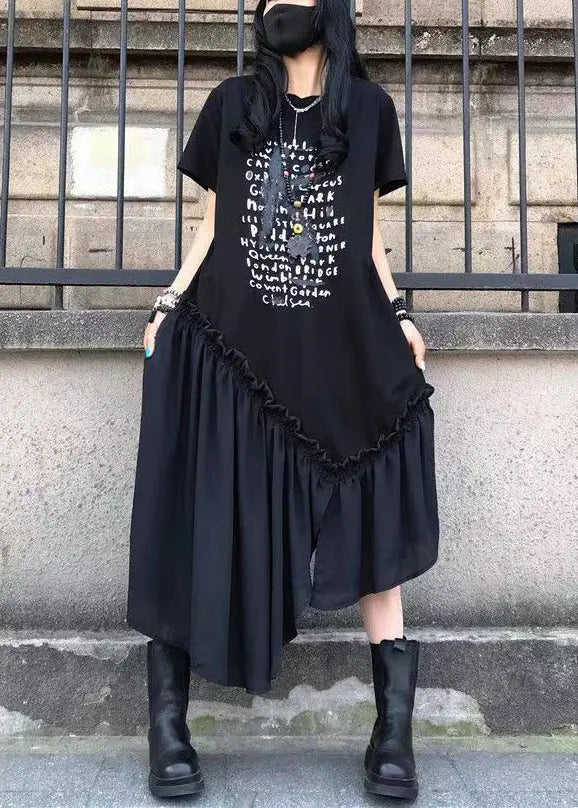 French Black Ruffled Print Patchwork Cotton Long Dresses Summer Ada Fashion