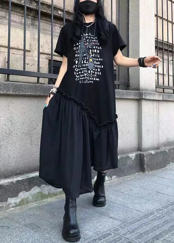 French Black Ruffled Print Patchwork Cotton Long Dresses Summer Ada Fashion