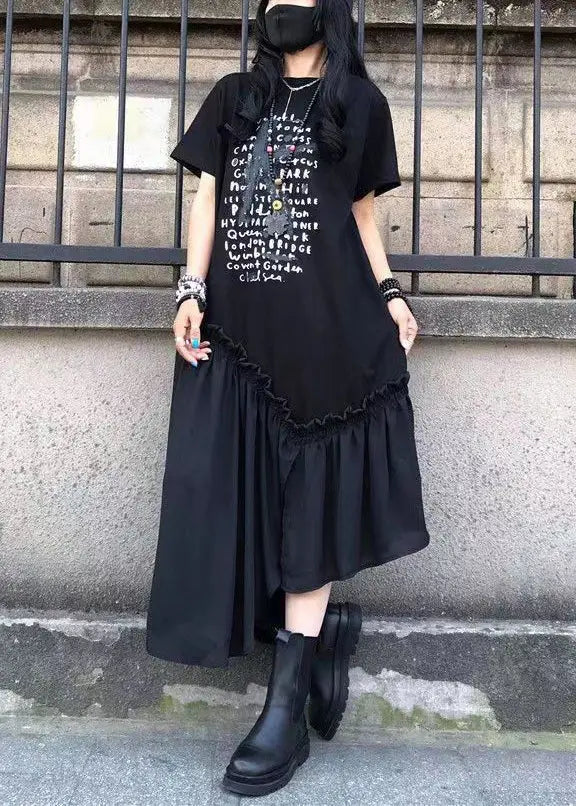 French Black Ruffled Print Patchwork Cotton Long Dresses Summer Ada Fashion