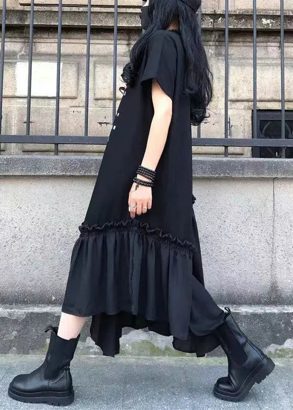 French Black Ruffled Print Patchwork Cotton Long Dresses Summer Ada Fashion