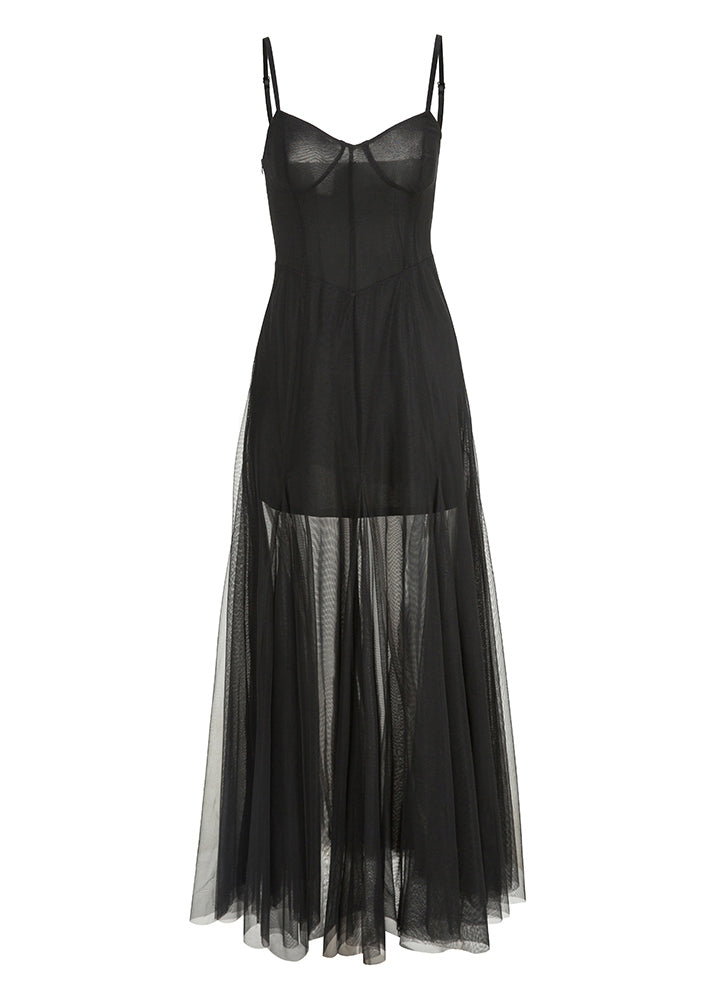French Black Slash Neck Tulle Holiday Long Slip Dress Sleeveless LY2718