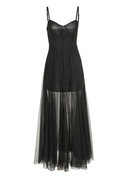 French Black Slash Neck Tulle Holiday Long Slip Dress Sleeveless LY2718 - fabuloryshop