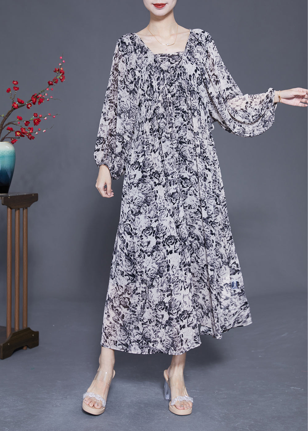 French Black Square Collar Oversized Print Chiffon Long Dress Lantern Sleeve LY1814 - fabuloryshop