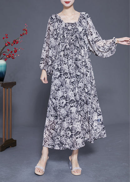 French Black Square Collar Oversized Print Chiffon Long Dress Lantern Sleeve LY1814 - fabuloryshop