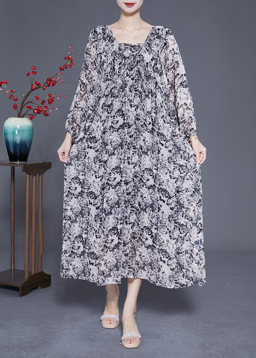 French Black Square Collar Oversized Print Chiffon Long Dress Lantern Sleeve LY1814 - fabuloryshop