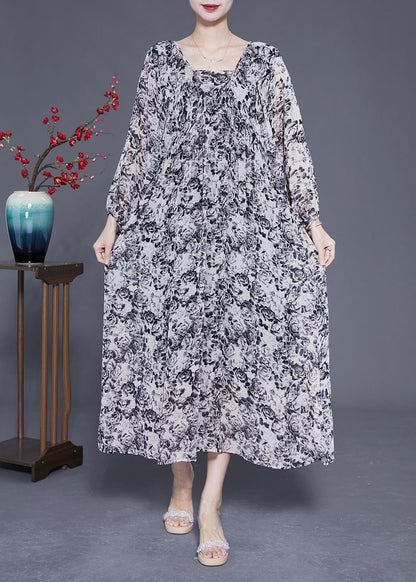 French Black Square Collar Oversized Print Chiffon Long Dress Lantern Sleeve LY1814 - fabuloryshop