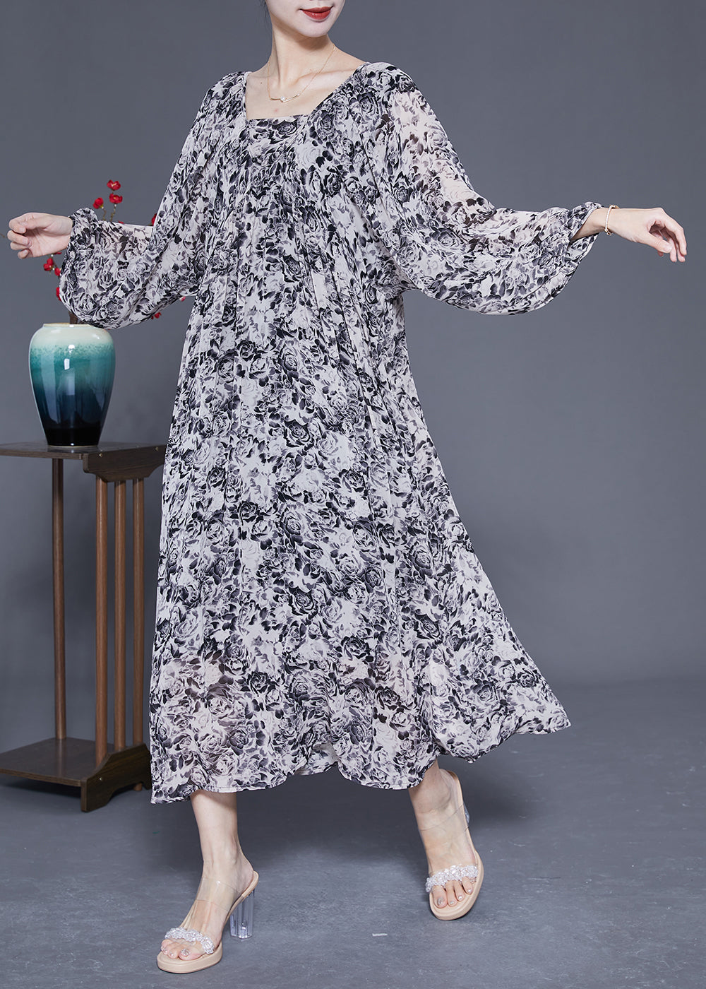 French Black Square Collar Oversized Print Chiffon Long Dress Lantern Sleeve LY1814 - fabuloryshop