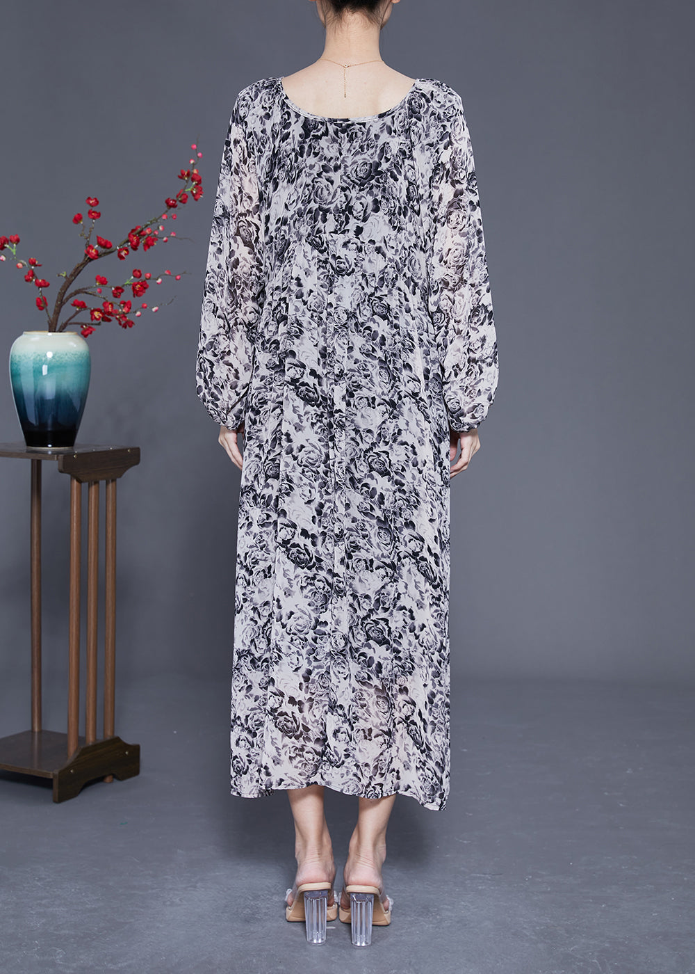 French Black Square Collar Oversized Print Chiffon Long Dress Lantern Sleeve LY1814 - fabuloryshop