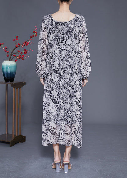 French Black Square Collar Oversized Print Chiffon Long Dress Lantern Sleeve LY1814 - fabuloryshop