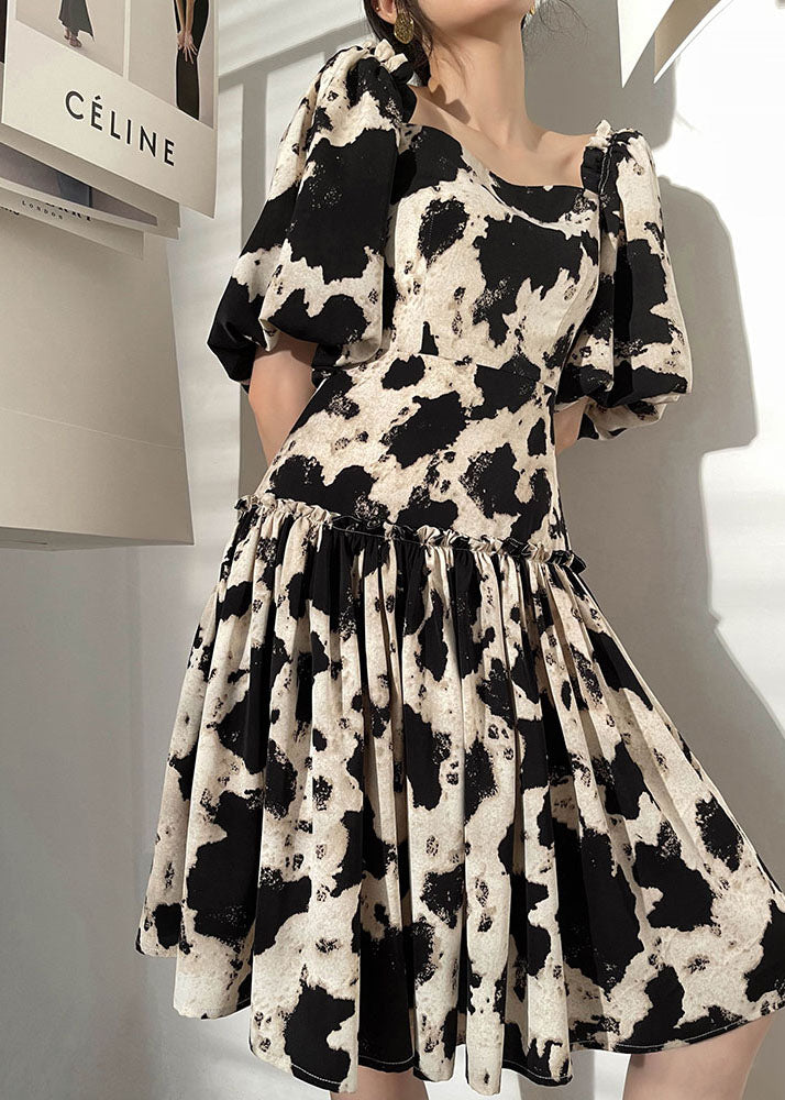 French Black Square Collar Print Patchwork Silk Pleated Dress Summer LC0498 - fabuloryshop