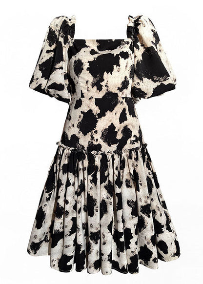 French Black Square Collar Print Patchwork Silk Pleated Dress Summer LC0498 - fabuloryshop