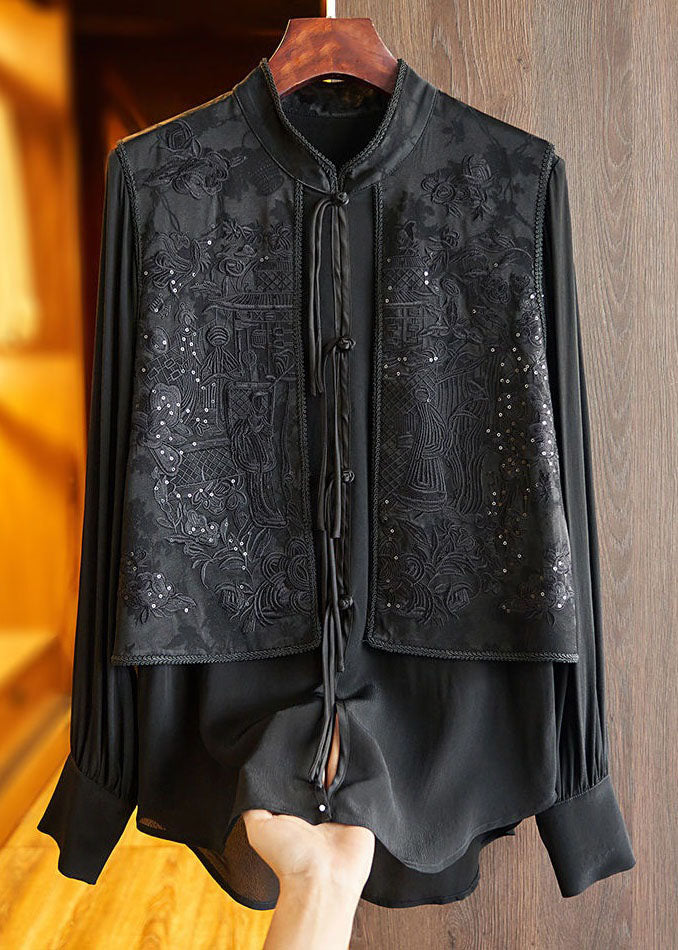 French Black Stand Collar Embroideried Patchwork Silk Blouses Spring LY1672 - fabuloryshop