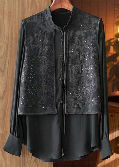 French Black Stand Collar Embroideried Patchwork Silk Blouses Spring LY1672 - fabuloryshop