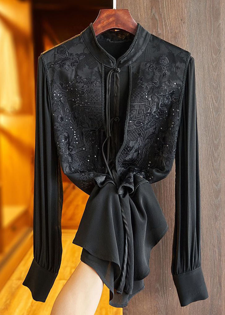 French Black Stand Collar Embroideried Patchwork Silk Blouses Spring LC0291 - fabuloryshop