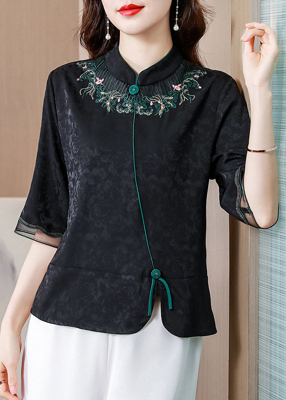 French Black Stand Collar Embroideried Patchwork Silk Shirt Tops Half Sleeve LY0446 - fabuloryshop