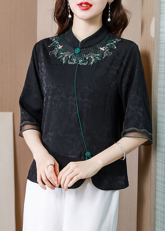 French Black Stand Collar Embroideried Patchwork Silk Shirt Tops Half Sleeve LY0446 - fabuloryshop