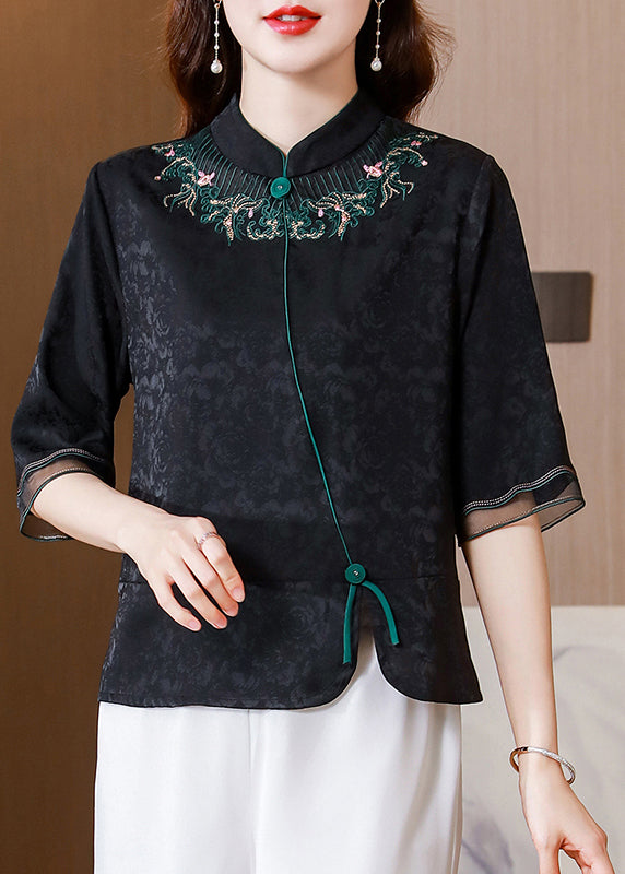 French Black Stand Collar Embroideried Patchwork Silk Shirt Tops Half Sleeve LY0446