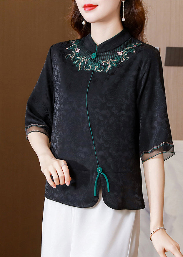 French Black Stand Collar Embroideried Patchwork Silk Shirt Tops Half Sleeve LY0446 - fabuloryshop